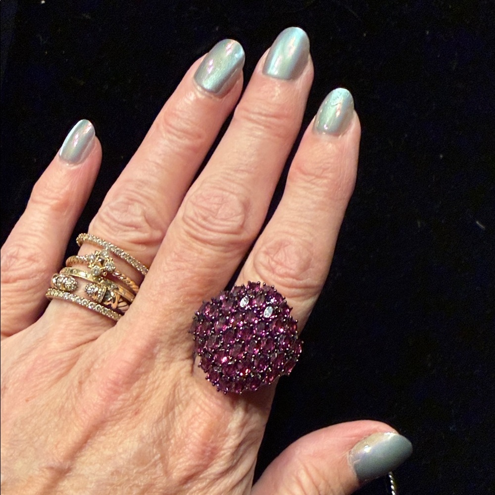 Elegant Purple Amethyst Cluster Sterling Silver Ring - Picture 2 of 11